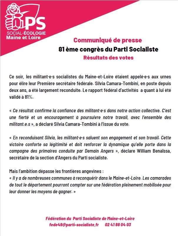 ps_49's tweet image. Dernier vote du congrès de Nancy: les militant.e.s du Parti Socialiste de Maine-et-Loire ont hier largement réélu @SCamaraTombini 1ere secrétaire fédérale du PS49. 

Avec une équipe renouvelée nous sommes maintenant pleinement tournée vers les municipales !