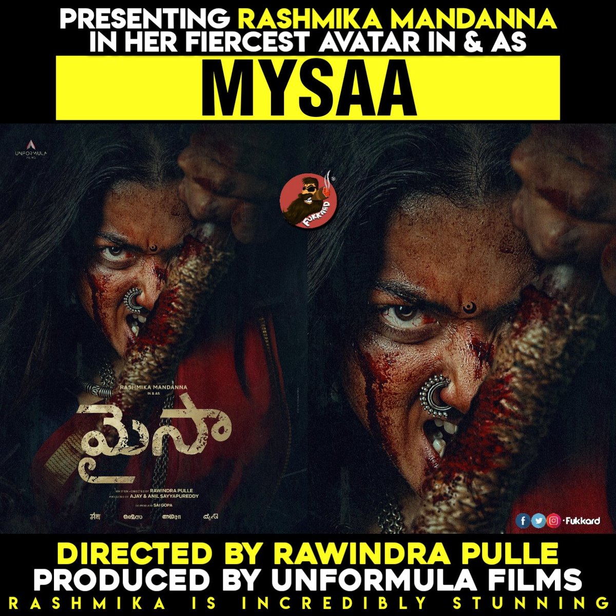 Fukkard (@fukkard) on Twitter photo Presenting @IamRashmika in her FIERCEST AVATAR in & as
#MYSAA ❤️🔥
Directed by <a href="/RawindraPulle/">rawindra pulle</a>
Produced by <a href="/unformulafilms/">UnFormula Films</a>
A PAN INDIAN FILM 🇮🇳
#RashmikaMandanna Presenting @IamRashmika in her FIERCEST AVATAR in & as
#MYSAA ❤️🔥
Directed by <a href="/RawindraPulle/">rawindra pulle</a>
Produced by <a href="/unformulafilms/">UnFormula Films</a>
A PAN INDIAN FILM 🇮🇳
#RashmikaMandanna