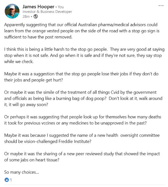 AllCoachReview's tweet photo. I used to use LinkedIn. But today I had a post removed by them, so stuff em.  

Why was it removed?

Apparently suggesting that our official Australian pharma/medical advisors could learn from the orange vested people on the side of the road with a stop go sign is sufficient? https://t.co/fouIXyMA0V