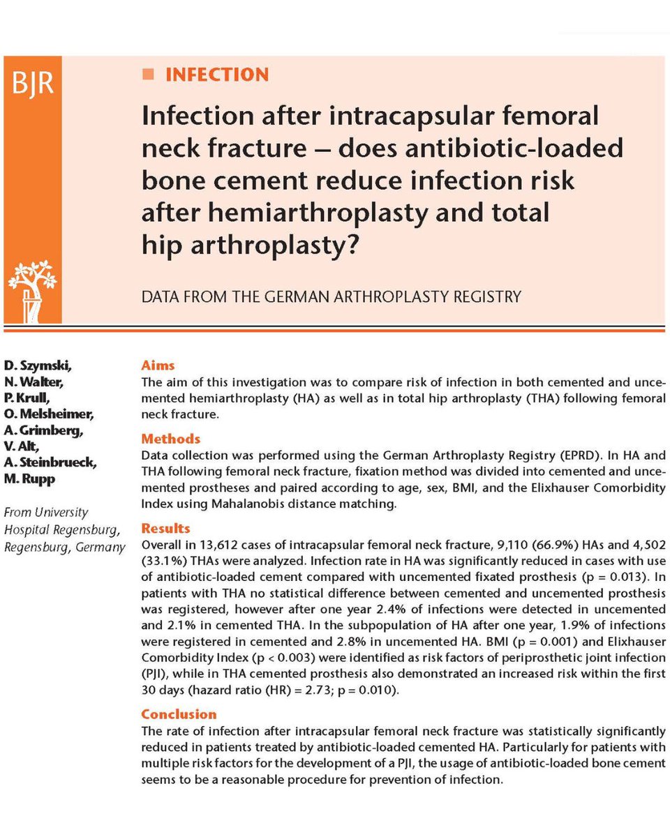 The aim of this investigation was to compare risk of infection in both cemented and uncemented hemiarthroplasty as well as in total hip arthroplasty following femoral neck fracture.

#BJR #Infection #Fracture #Trauma

ow.ly/pzyH50WePPw