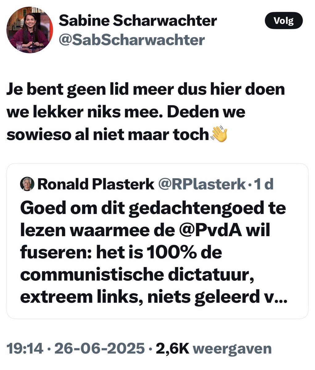 GJN 🗿 (@noormangj) on Twitter photo Links wordt van binnenuit kapot gemaakt door zijn eigen, meest extreme krachten. Net als de Democraten in Amerika. Daar <a href="/AOC/">Alexandria Ocasio-Cortez</a>, hier <a href="/SabScharwachter/">Sabine Scharwachter</a> en haar kameraden.
En vergis je niet <a href="/F__Timmermans/">Frans Timmermans</a>. Als de tijd daar is nemen ze jou ook te grazen. Zo gaat het immers altijd. Links wordt van binnenuit kapot gemaakt door zijn eigen, meest extreme krachten. Net als de Democraten in Amerika. Daar <a href="/AOC/">Alexandria Ocasio-Cortez</a>, hier <a href="/SabScharwachter/">Sabine Scharwachter</a> en haar kameraden.
En vergis je niet <a href="/F__Timmermans/">Frans Timmermans</a>. Als de tijd daar is nemen ze jou ook te grazen. Zo gaat het immers altijd.