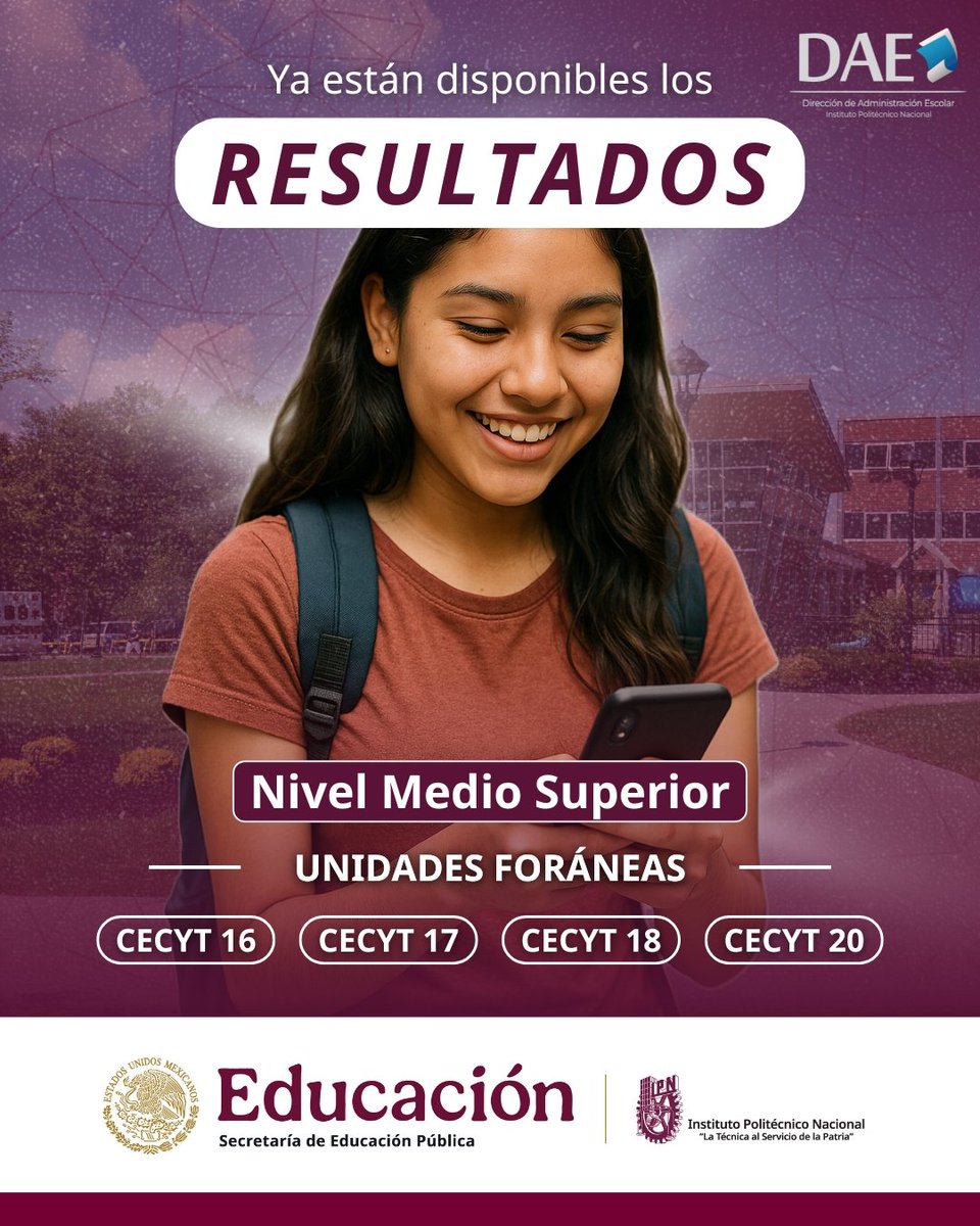 🎉 ¡Resultados disponibles! 

Aspirantes al Nivel Medio Superior de las unidades académicas:
📌 CECyT 16, 17, 18 y 20, ya pueden consultar sus resultados en:
👉 ipn.mx

¡Muchas felicidades a todas y todos los seleccionados! 

#ResultadosIPN2025 #AdmisiónIPN2025