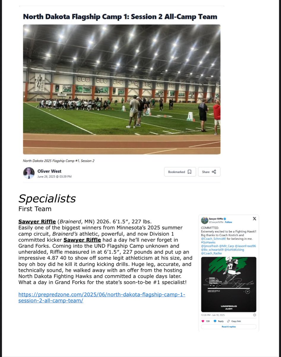 Sawyer Riffle (@sawyerriffle) on Twitter photo Thanks <a href="/OJW_Scouting/">PrepRedzone Oliver</a> for the write up about my <a href="/UNDfootball/">North Dakota Football</a> camp!
<a href="/Coach_SchmidtE/">Eric Schmidt</a>
<a href="/JasonFreed96/">Jason Freed</a> <a href="/ljmcelfresh/">Logan Mcelfresh</a> <a href="/Mit_Carp/">Coach Emmit Carpenter</a> <a href="/UNDFootball360/">UNDFootball360</a> <a href="/UNDRecruiting/">UNDRecruiting</a> Thanks <a href="/OJW_Scouting/">PrepRedzone Oliver</a> for the write up about my <a href="/UNDfootball/">North Dakota Football</a> camp!
<a href="/Coach_SchmidtE/">Eric Schmidt</a>
<a href="/JasonFreed96/">Jason Freed</a> <a href="/ljmcelfresh/">Logan Mcelfresh</a> <a href="/Mit_Carp/">Coach Emmit Carpenter</a> <a href="/UNDFootball360/">UNDFootball360</a> <a href="/UNDRecruiting/">UNDRecruiting</a>