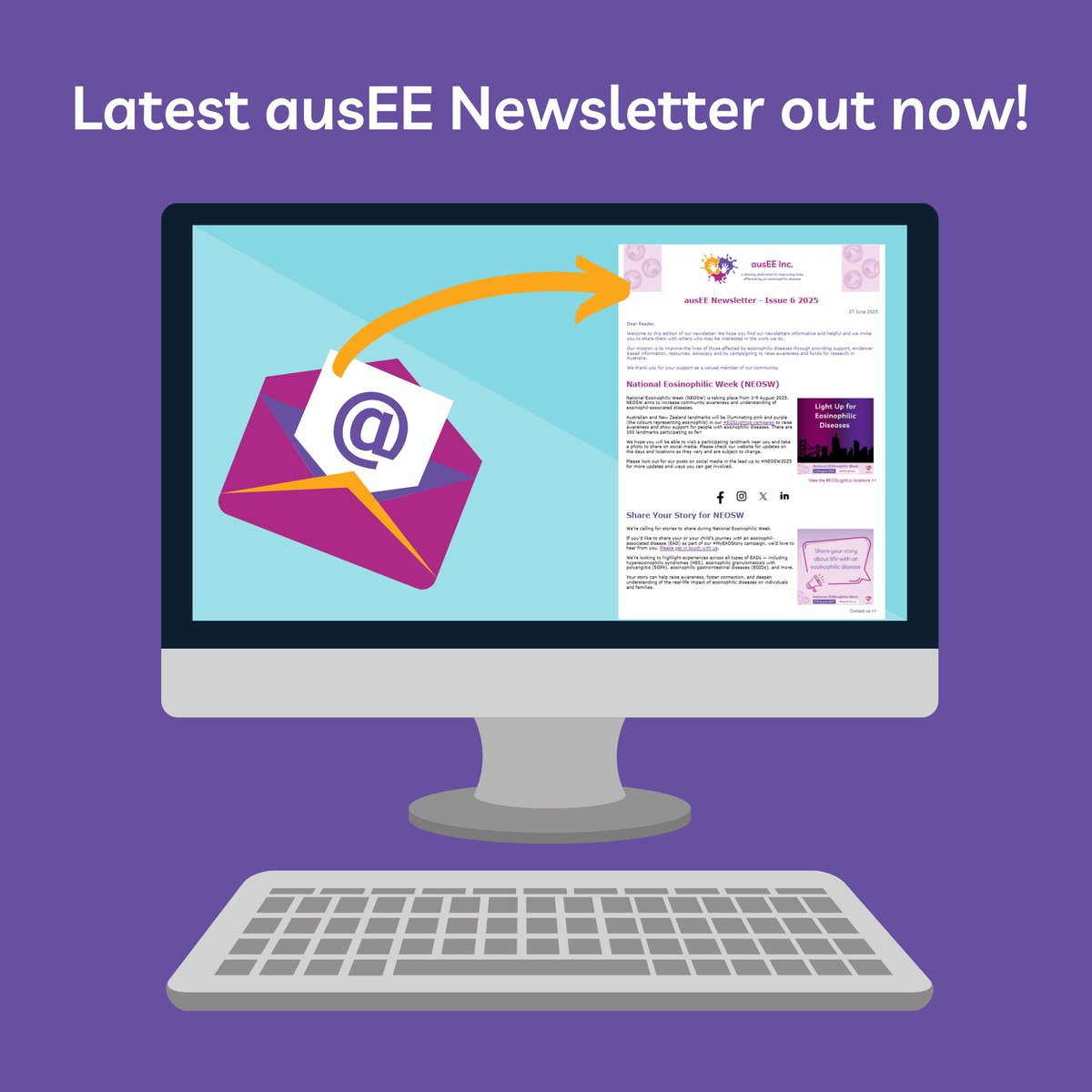 Check out the latest ausEE Newsletter for information about upcoming National Eosinophilic Week and Top 8 Challenge Day, updated EoE Guidelines, study and survey opportunities, support networks and more &gt;&gt; bit.ly/ausee62025news…

Subscribe here &gt;&gt; ausee.org/newsletterform/