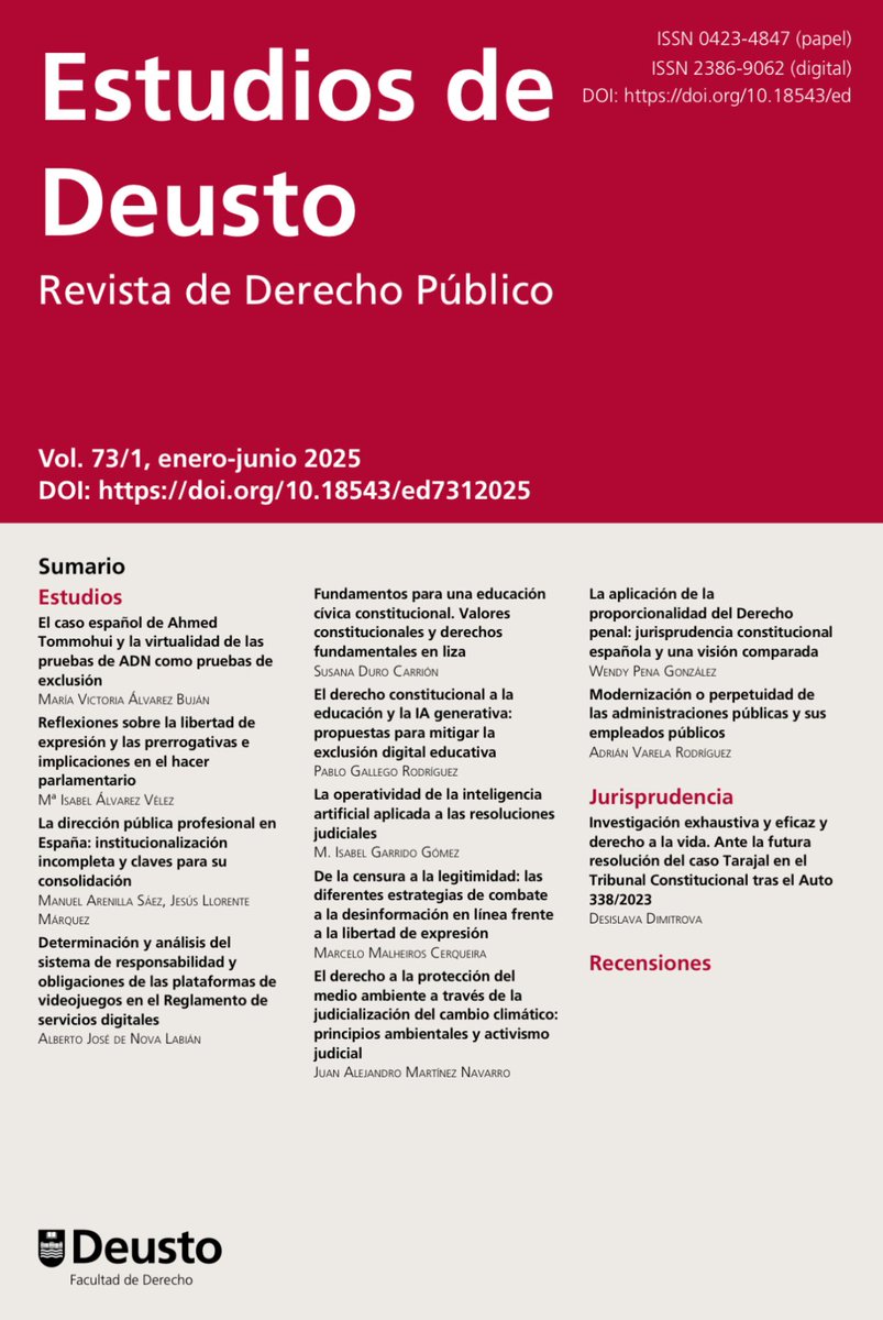 LuisIGordillo's tweet photo. Nuevo número de la revista “Estudios de Deusto. Revista de Derecho Público”, Vol 73/1, 2025. Disponible en https://t.co/HqSc8ond5S https://t.co/ZQeP4mwlCT