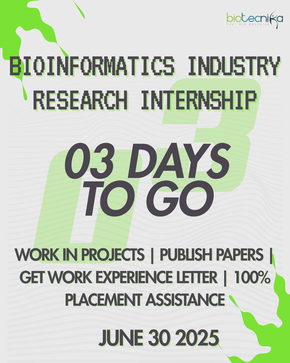 biotecnika's tweet image. ⏳ JUST 3 DAYS LEFT!
🏃♀️ Grab it before it is gone - Registrations Closing Soon
💡 Learn Global Bioinformatics Tools & Techniques
👉 Register NOW – btnk.org/bgti-2025
💬 Talk to an Expert – btnk.org/contact-bioinf…
#BioinformaticsTraining #CareerInBioinformatics