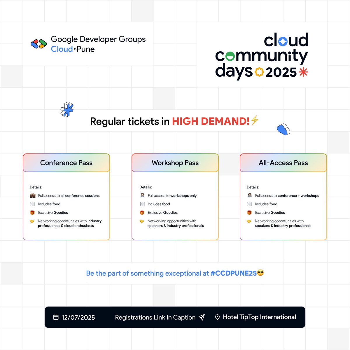 gdgcloudpune's tweet photo. 🔥The Early Birds flew away 
But hey — Regular Passes are now LIVE! 

🗓️July 12, 2025 
📍Tip Top International Pune 
🔗Register now: https://t.co/D3AacD172s 

#CCDPune2025 #RegularPasses #TechConference #PuneEvents #RegisterNow #gdgcloudpune #googlecloud https://t.co/mbDXdxwysq