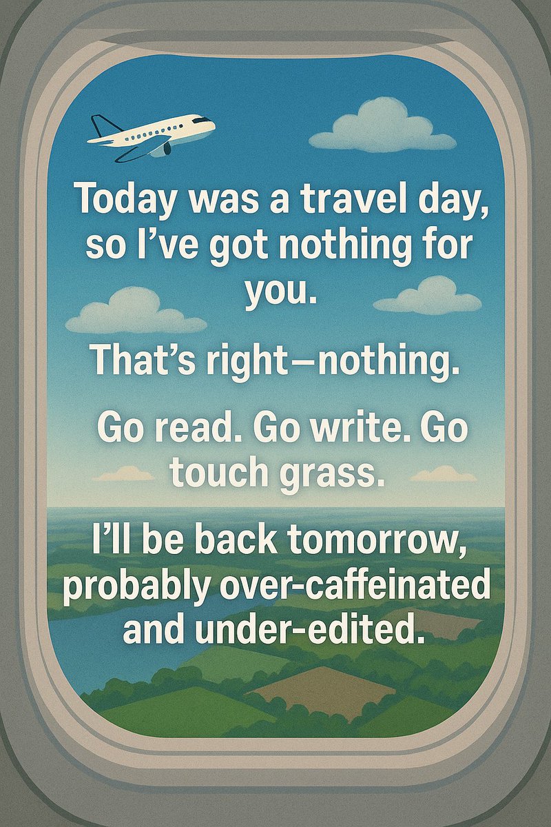 jbharrisbooks's tweet photo. Creative Layover: Back Tomorrow
Even content creators get travel days 😅✈️
Made something out of nothing—go read, write, or touch grass. I’ll be back tomorrow, funnier & over-caffeinated.
#WriterLife #CreativeBreak #AmWriting #TouchGrass #IndieAuthor #DailyPost #fyp https://t.co/GEilIrejE1