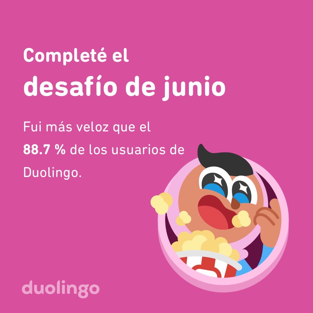 Ddenns's tweet photo. ¡Completé el desafío de junio más rápido que el 88.7 % de los usuarios de Duolingo! https://t.co/v7c6kqbvNQ
