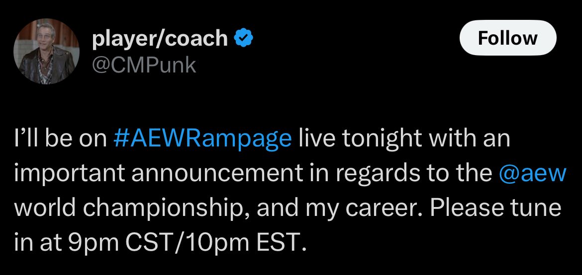 Chris Wozney ๐บ๐ธ (@chriswozney) on Twitter photo Did yโall see โฆ<a href="/CMPunk/">player/coach</a>โฉโs most recent tweet? He said heโs going to be on AEW tonight. Did yโall see โฆ<a href="/CMPunk/">player/coach</a>โฉโs most recent tweet? He said heโs going to be on AEW tonight.