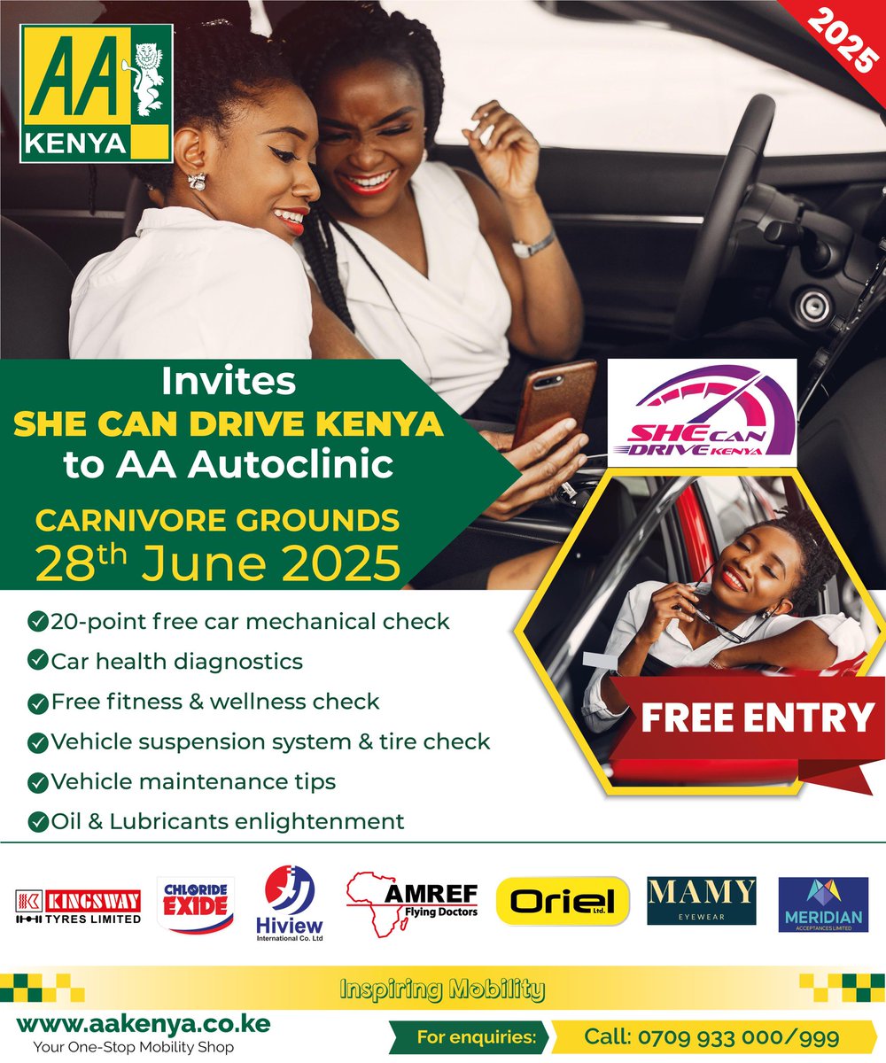 SheCanDrive_KE's tweet photo. Pull up to the @aa_kenya_ AutoClinic and let the Pros give your ride the TLC it deserves. From diagnostics to expert tips — they've got you covered! 👍🏾
📍Carnivore Grounds, Nairobi
🗓 Saturday 28th June, 2025
Don’t miss out — your engine will thank you! 🙏🏾
#aakenya #scdk https://t.co/SVmEhcX0NZ