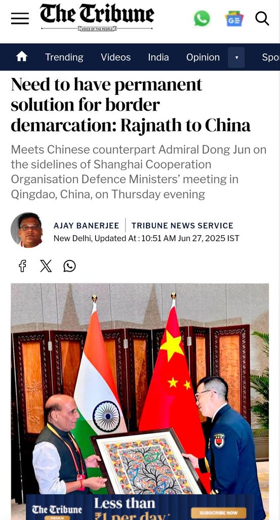 India has suggested a permanent solution to demarcating border with China. At present the assumed boundary has not been demarcated on ground 
<a href="/thetribunechd/">The Tribune</a> <a href="/rajnathsingh/">Rajnath Singh</a>
<a href="/MEAIndia/">Randhir Jaiswal</a>
Link to text👇
tribuneindia.com/news/india/nee…