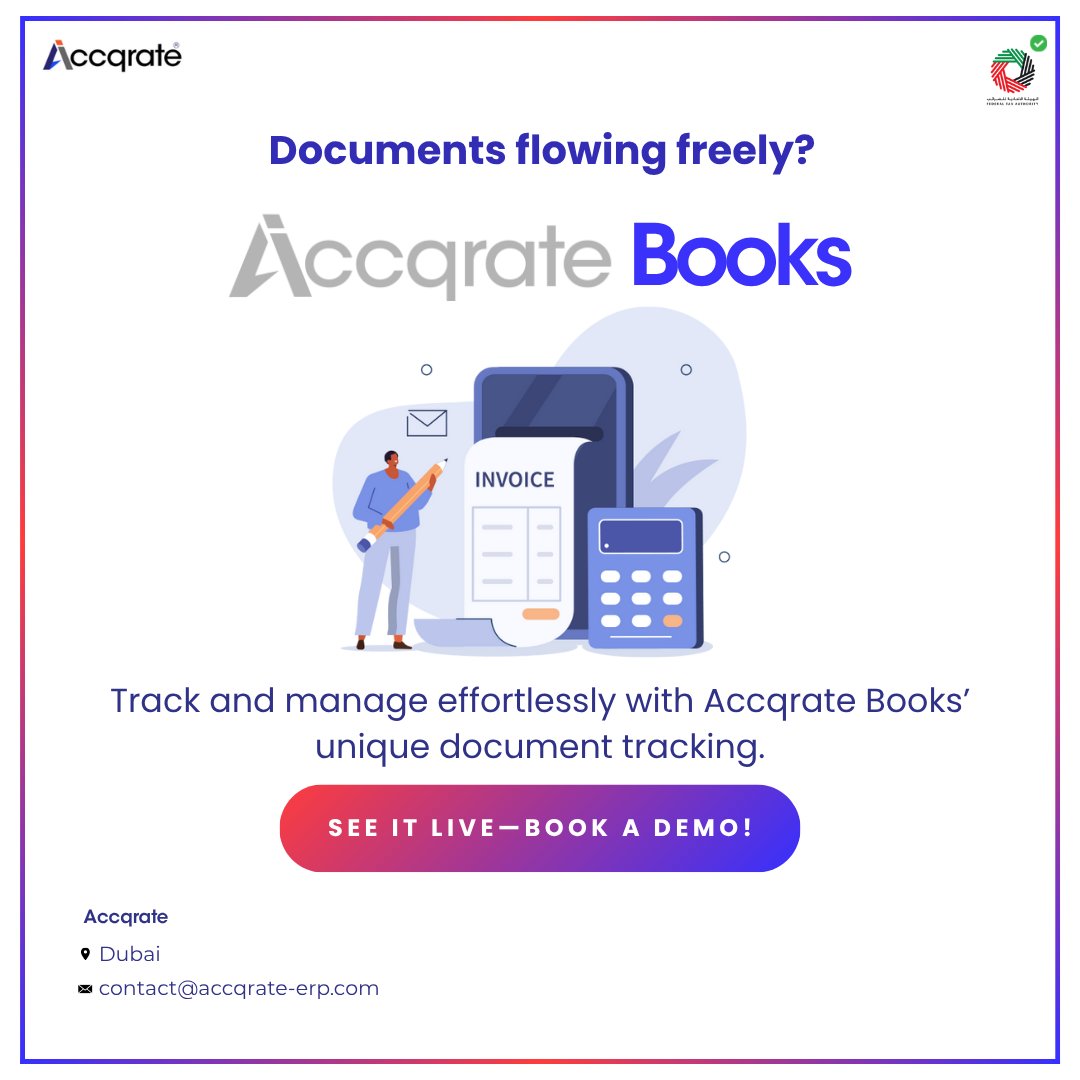 accqrateimena's tweet image. Effortlessly track and manage documents with Accqrate Books—real-time tracking, easy organization, and simplified audits for smooth business operations.

#FTA #DocumentTracking #AccqrateBooks #UAEBusiness #DocumentManagement