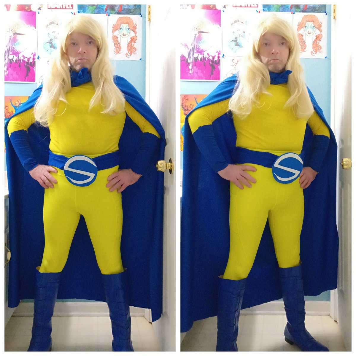 LenhardtEric's tweet photo. Okay here's my Sentry cosplay, I made the belt buckle out of thin foam I had laying around, and besides the wig and boots everything else was bought at the thrift stores around town 😁 #cosplay #sentry #Marvel #Thunderbolts #wigs #thriftstorefinds #blueboots #bluecape https://t.co/faPYwVRcNe
