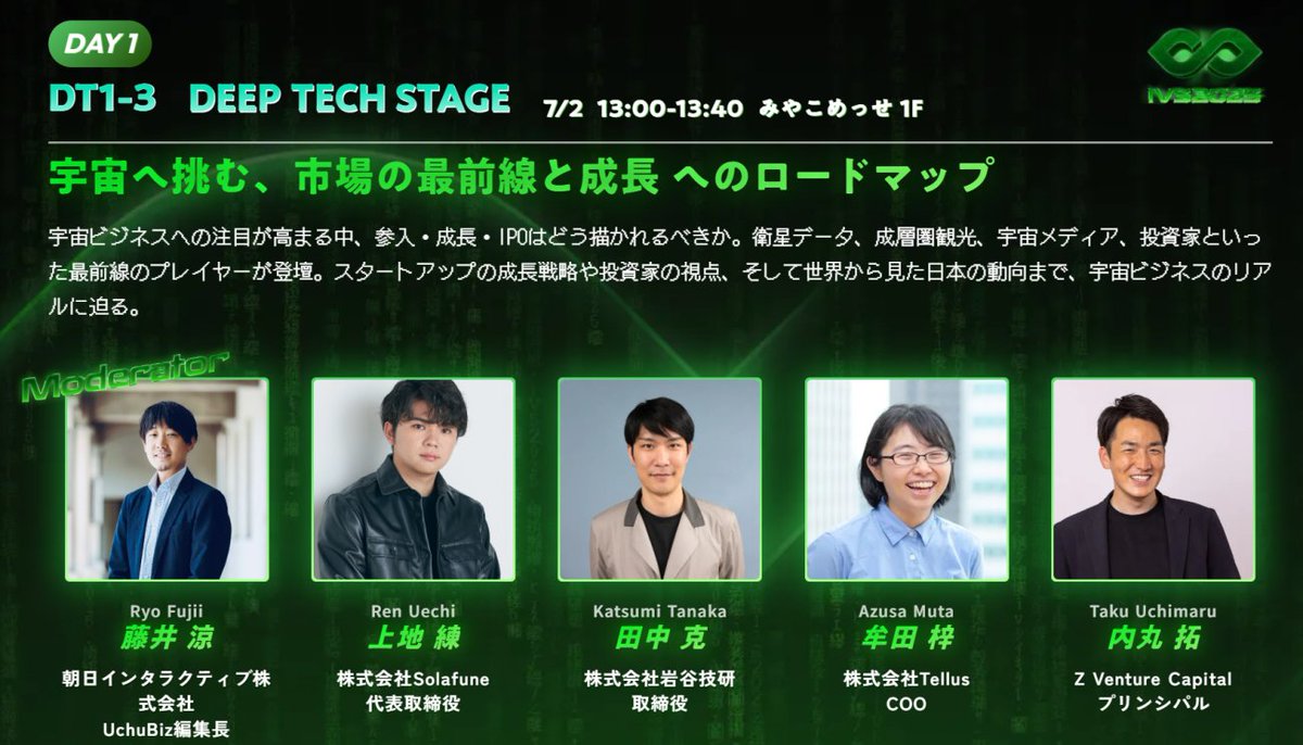 ✨IVS2025の宇宙ビジネスセッションに注目！✨
日本最大級のスタートアップカンファレンス「IVS 2025」に、宇宙ビジネスをテーマとしたセッションが予定されています。

TellusのCOO・牟田梓さんやSolafuneの代表取締役・上地練さんなど、衛星データの利活用に関する話題も多いことが予想されます。