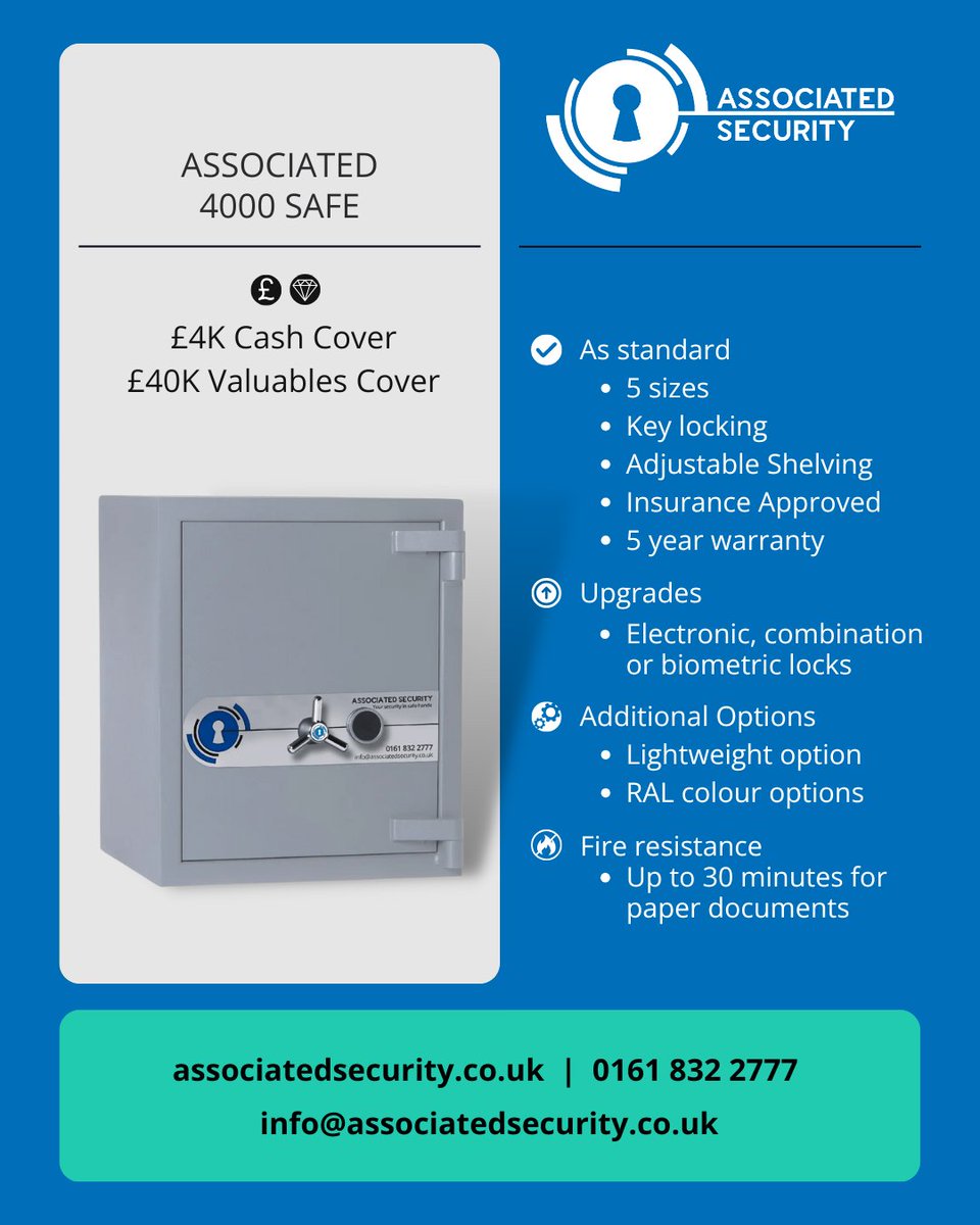 ASecOnline's tweet image. 🔐 Our most #affordable, lightweight, yet high-performance entry-level #AssociatedSecurity 4000 safe offers best-in-class #security and the #safety of your belongings for homes and businesses.

💷 £6k Cash Cover
💎 £60k Valuables Cover

Get your quote
🔗 associatedsecurity.co.uk/associated-sec…