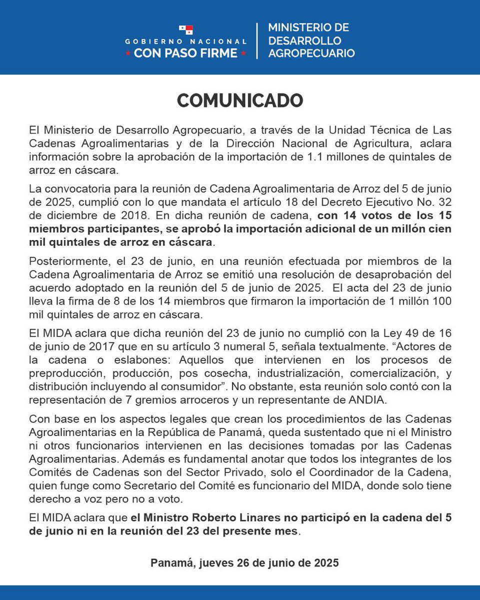 Comunicado del MIDA sobre la recomendación de la aprobación de importación de arroz en cáscara hecha por la cadena agroalimentaria de arroz
@midapma 
@micipma