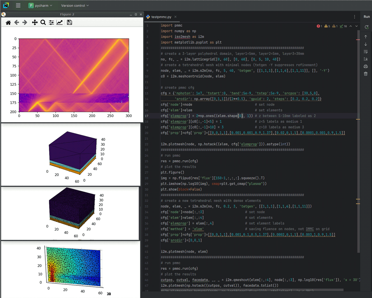 FangQ's tweet image. Glad to announce that our #GPU photon simulator #mmc now supports Python
pypi.org/project/pmmc/
The recently port of mesh-generator #pyiso2mesh makes a perfect duo for #mmc, here is how to build a physically accurate simulation in just a few lines
mcx.space/wiki/?Learn#mmc
