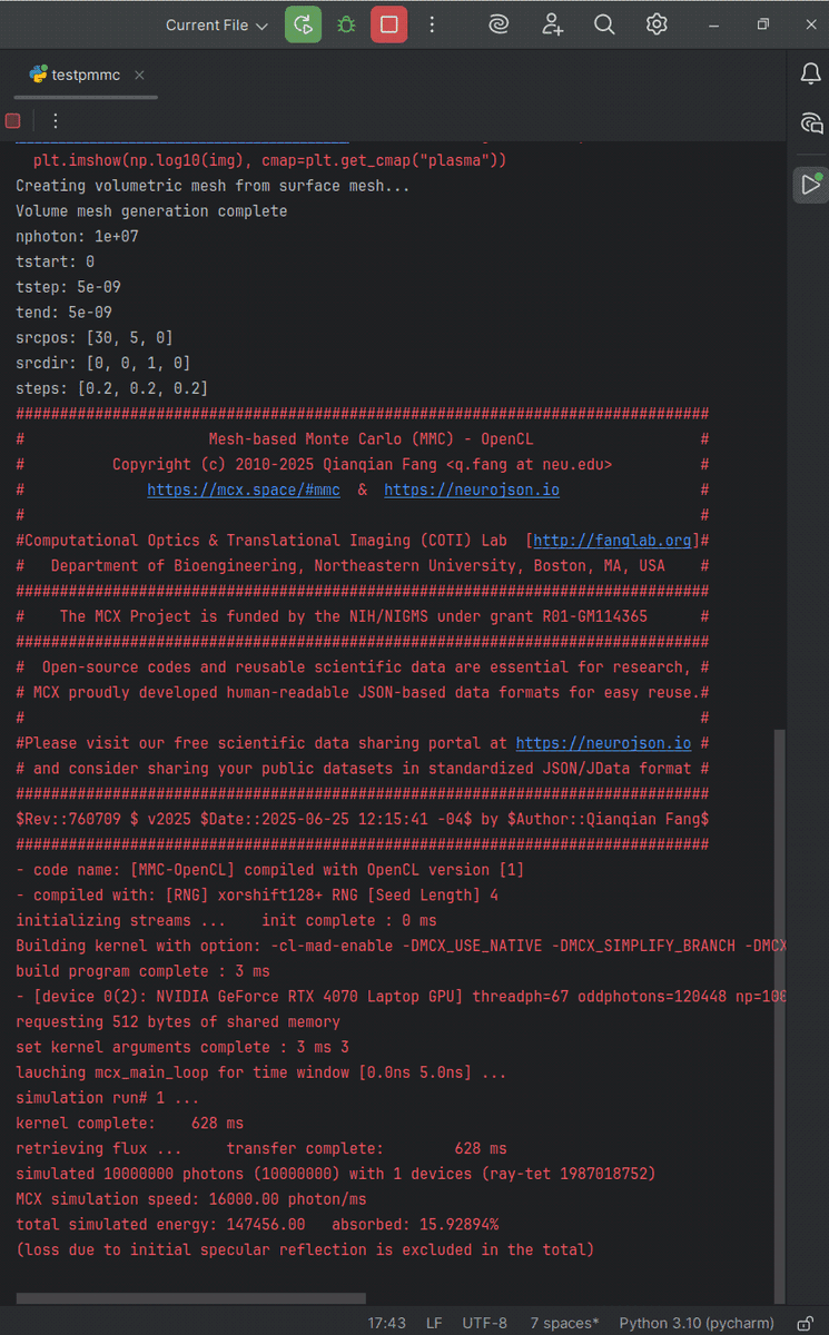 FangQ's tweet image. Glad to announce that our #GPU photon simulator #mmc now supports Python
pypi.org/project/pmmc/
The recently port of mesh-generator #pyiso2mesh makes a perfect duo for #mmc, here is how to build a physically accurate simulation in just a few lines
mcx.space/wiki/?Learn#mmc