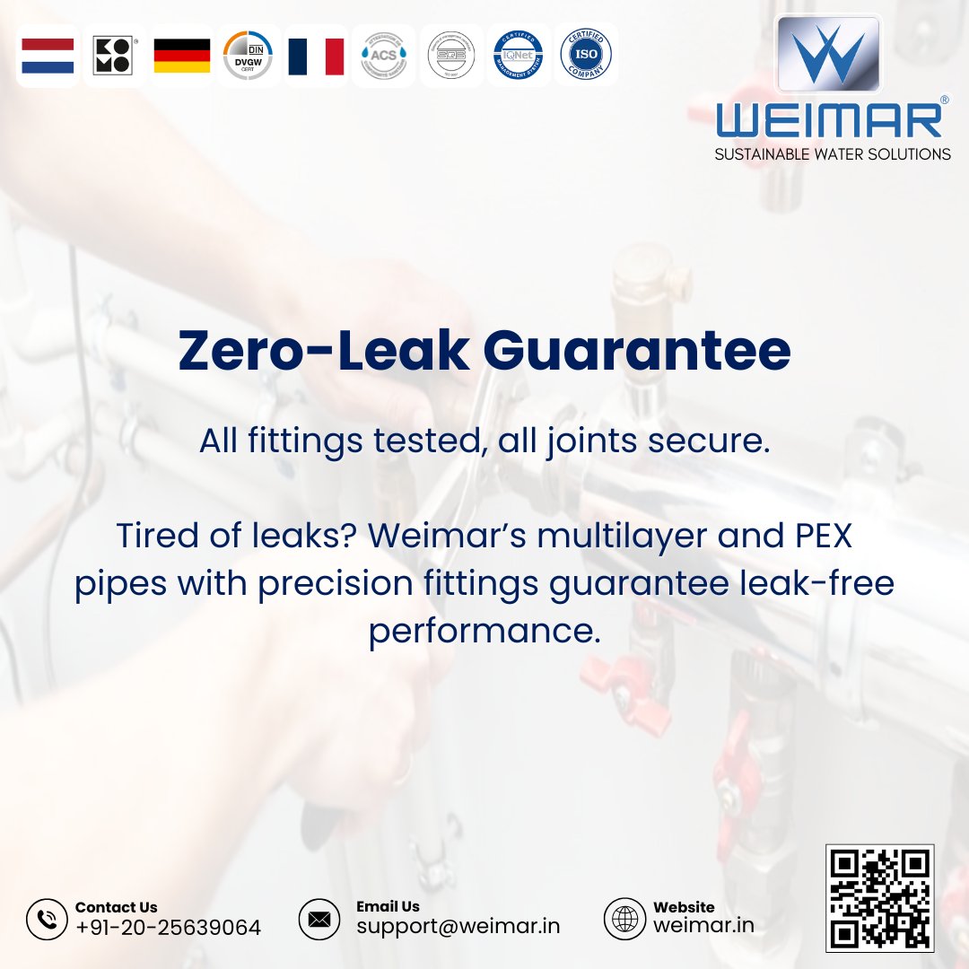 weimarindiallp's tweet image. Tired of drips and costly repairs? Switch to Weimar’s multilayer &amp;amp; PEX piping systems with precision‑engineered brass fittings for a 100 % leak‑free installation—so your project stays dry, durable, and worry‑free.
#ModernPlumbing #WeimarSolutions #FlexiblePlumbing
