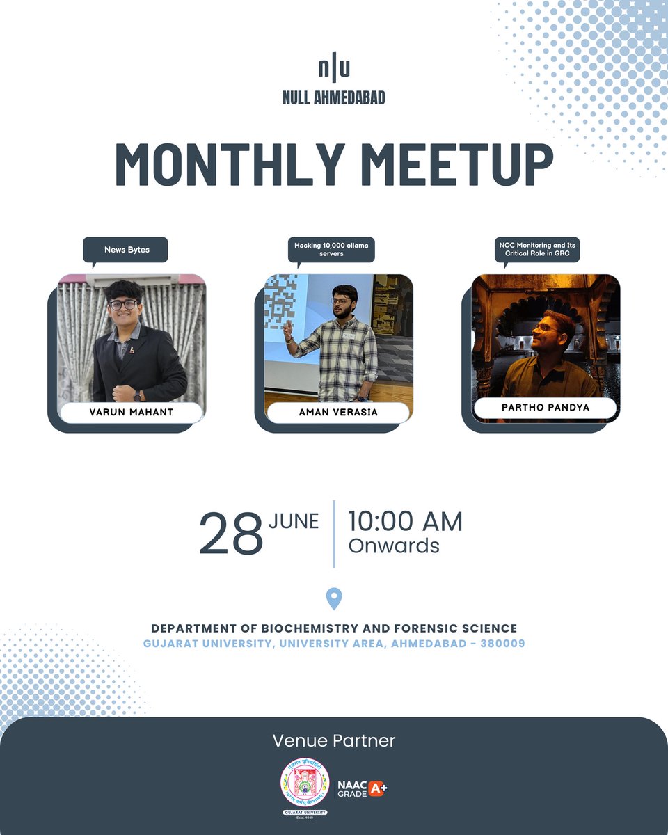 null Ahmedabad (n|u Ahmedabad) (@nullahm) on Twitter photo Just one more day to go for the next #nullahm meetup!
We’ve got a great lineup of sessions covering AI security and compliance.
If you’re attending the sessions, don’t forget to check the prerequisites.
📅 RSVP: lu.ma/f5iv0igf
<a href="/null0x00/">null - The Open Security Community</a>
#CyberSecurity #Infosec #AI Just one more day to go for the next #nullahm meetup!
We’ve got a great lineup of sessions covering AI security and compliance.
If you’re attending the sessions, don’t forget to check the prerequisites.
📅 RSVP: lu.ma/f5iv0igf
<a href="/null0x00/">null - The Open Security Community</a>
#CyberSecurity #Infosec #AI