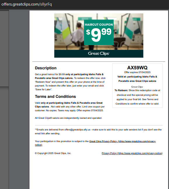 _greatClips2025's tweet image. 9.99 Great Clips Coupons July 2025 Also Available $5 & $8.99 Off Coupons. Grab Now. promorecharge.com/coupon/8-99-gr…
#GreatClipsCoupons2025 #Greatclipspromocodes #greatclipscouponsjuly2025
