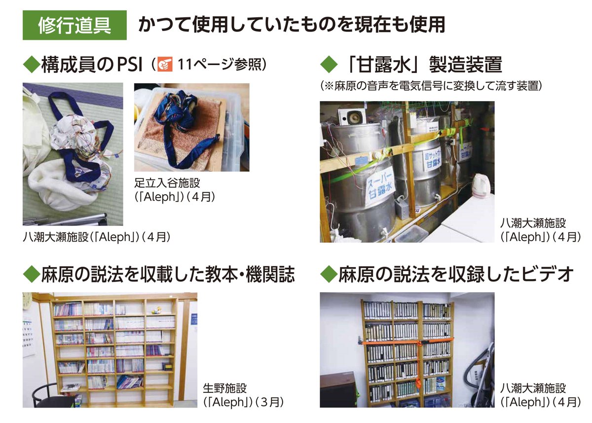 【変わらないオウム真理教②】
下の写真は、立入検査の際に発見された修行道具です。事件当時の世代の方なら、麻原の脳波を注入するとされる“ヘッドギア”などは誰しもがご存じだと思います。構成員たちは、現在においてもこれらの道具を使用しています。