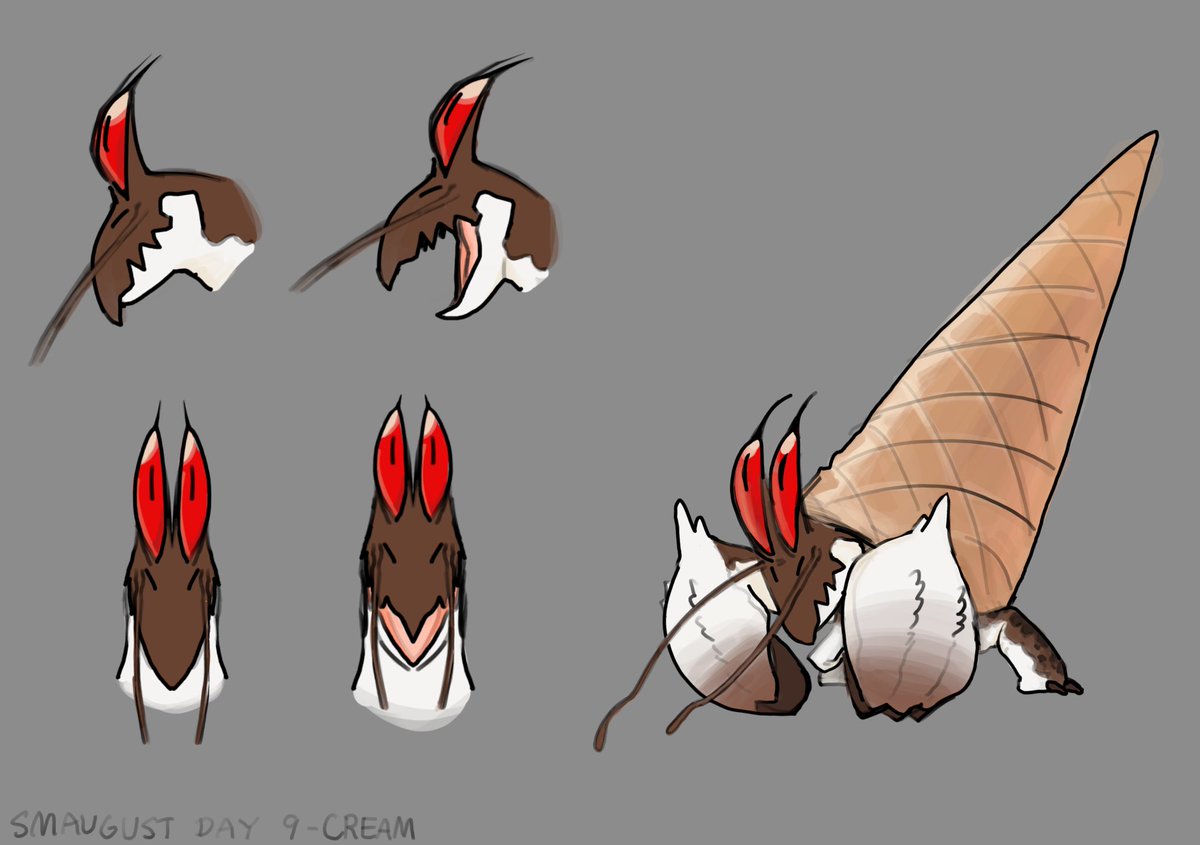 Day 9: Cream
Cream, then why not a dropped ice cream, then a hermit crab? In short, it is a tiny dragon that lives in the shell left by the ice cream cone conch. Its tail probably secretes sweet mucus to fix the shell on its back.

#Smaugust 
#Smaugust2024