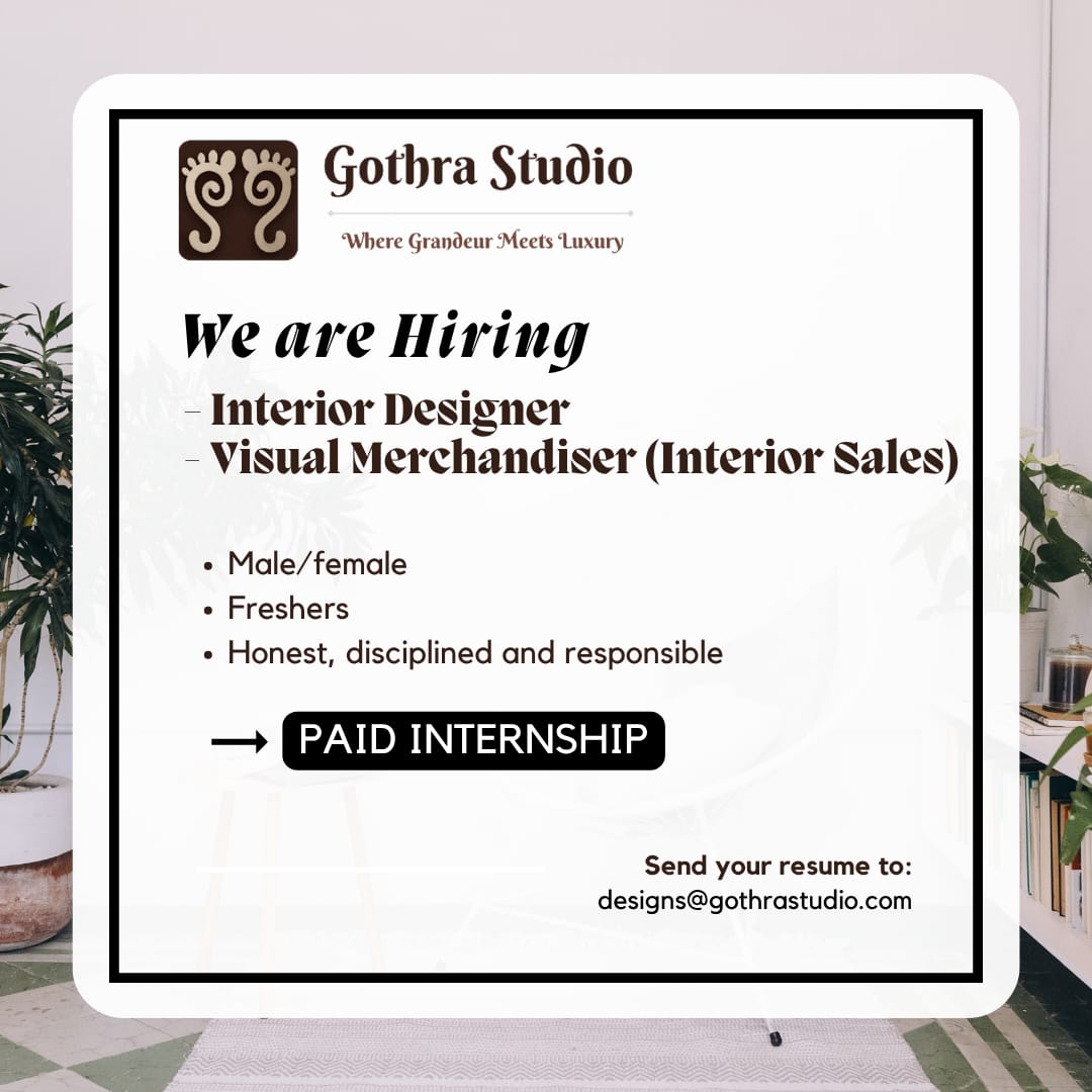 gothrastudio's tweet image. We’re Hiring at @gothra_studio
🔹 Interior Designer
🔹 Visual Merchandiser (Interior Sales)

📍Location: Bangalore
📩 Apply now at designs@gothrastudio.com

 #visualmerchandiser #interiordesigner #designingstudio #karanataka #jobseekers #job #lookingforinteriordesigner