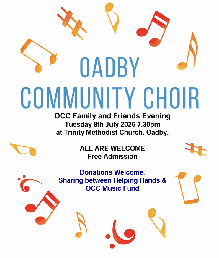 Our friends at Oadby Community Choir have another Friends and Family Evening coming up on 8th July.
This is a wonderful opportunity to have a fun evening out and support us and the community choir.
Spread the word...... 
<a href="/Oadby_Wigston/">Oadby & Wigston BC</a> <a href="/OadbyTownCentre/">Oadby Town Centre</a> <a href="/OadbyBaptist/">Oadby Baptist Church</a>