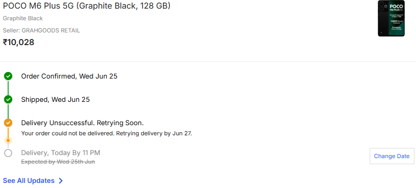 singer_guri's tweet photo. @Flipkart
@flipkartsupport
Ordered a phone on 25th June with same-day delivery. Not delivered on 25th, no update on 26th, and on 27th it says “Delivery Unsuccessful” without any attempt or call. Needed urgently. Resolve today. #Flipkart #DeliveryFail https://t.co/Ee13RpKkpt