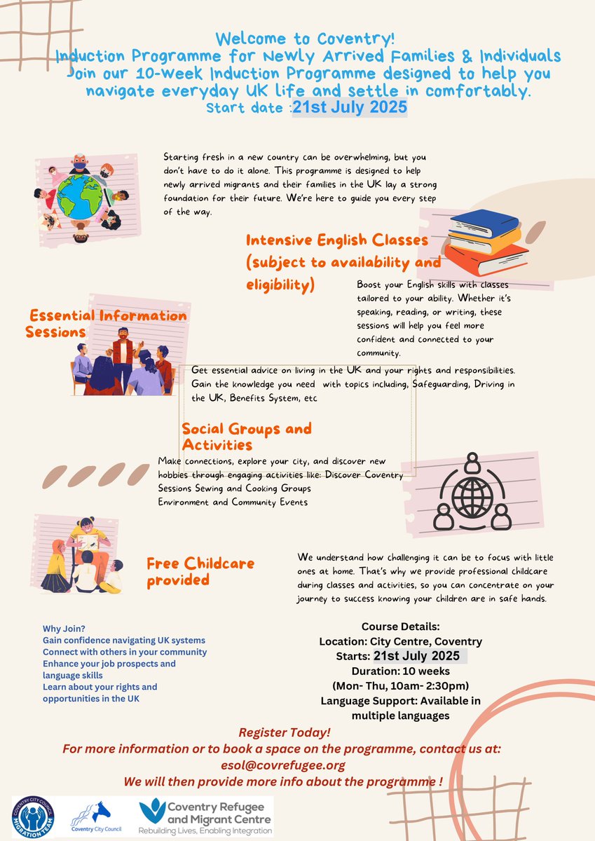 Coventry Refugee and Migrant Centre 🧡 (@crmccov) on Twitter photo 🚀 Starting 21 July: Coventry Refugee & Migrant Centre’s Integration Programme!
✅ Free English classes + childcare
✅ Practical UK life skills
✅ For asylum seekers/refugees, esp. parents with young kids
Referrals: esol@covrefugee.org
#RefugeesWelcome #Integration #Coventry 🚀 Starting 21 July: Coventry Refugee & Migrant Centre’s Integration Programme!
✅ Free English classes + childcare
✅ Practical UK life skills
✅ For asylum seekers/refugees, esp. parents with young kids
Referrals: esol@covrefugee.org
#RefugeesWelcome #Integration #Coventry