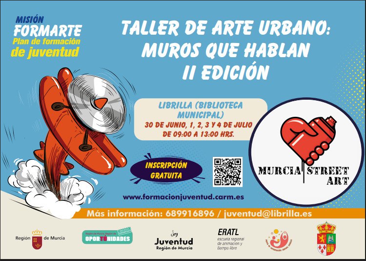 Mundojoven RM (@mundojovenrm) on Twitter photo 🎨 ¡Vuelve el Taller de Arte Urbano: Muros que Hablan! 🧱
📍 II Edición en Librilla (Biblioteca Municipal)
🗓 30 de junio al 4 de julio
🕘09:00 a 13:00 h
🔸 Proyecto del Plan de Formación de Juventud
📲 + info
formacionjuventud.carm.es
📧 juventud@librilla.es
📞 689 916 896 🎨 ¡Vuelve el Taller de Arte Urbano: Muros que Hablan! 🧱
📍 II Edición en Librilla (Biblioteca Municipal)
🗓 30 de junio al 4 de julio
🕘09:00 a 13:00 h
🔸 Proyecto del Plan de Formación de Juventud
📲 + info
formacionjuventud.carm.es
📧 juventud@librilla.es
📞 689 916 896