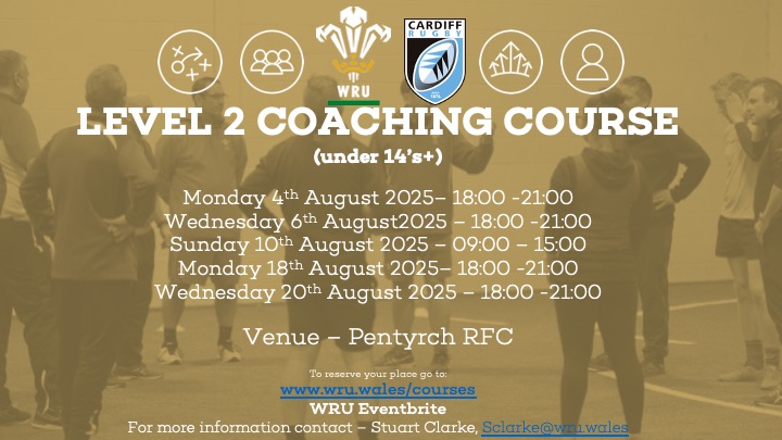 WRU Full game Level 2 coaching 

Book your place via the wru evebtbrite page. eventbrite.co.uk/o/welsh-rugby-…