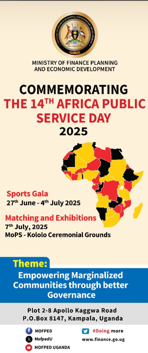 Electronic Government Procurement Uganda (@egpuganda) on Twitter photo Starting today, 27th June 4th July 2025, <a href="/mofpedU/">Ministry of Finance</a> will join the Ministry of Public Service to celebrate the 14th Africa Public Service Day 2025. All public servants are called upon to participate in various activities, and the exhibition on 7th July at Kololo Ceremonial Grounds. Starting today, 27th June 4th July 2025, <a href="/mofpedU/">Ministry of Finance</a> will join the Ministry of Public Service to celebrate the 14th Africa Public Service Day 2025. All public servants are called upon to participate in various activities, and the exhibition on 7th July at Kololo Ceremonial Grounds.