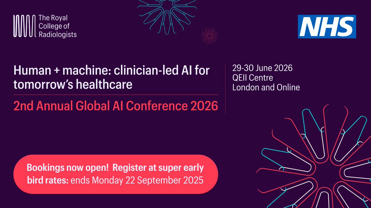 Exciting news 🎉 

Bookings are now open for the return of the #RCRGlobalAI conference on 29-30 June 2026!

Join us as we focus on safe and practical AI implementation in healthcare.

Register at super early bird rates and help us shape what comes next: tinyurl.com/5yehe7xp