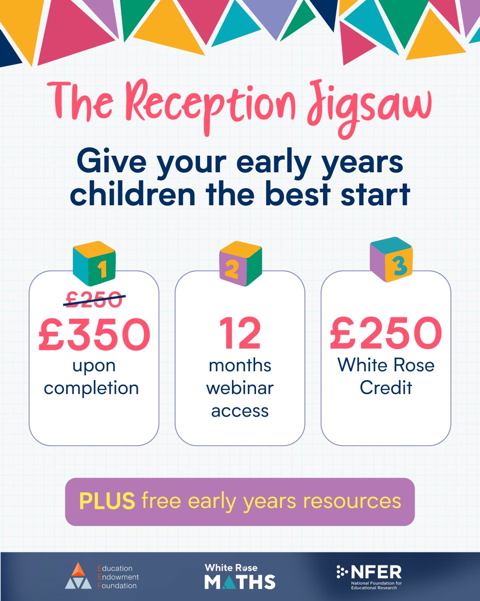 WhiteRoseEd's tweet image. Being part of the Reception Jigsaw trial just got even better! 🤩
We have now increased the reward to £350 for ALL participating schools ⭐️
On top of that, you also get £250 in White Rose credit, free 12 months access to our webinars, and FREE resources for your early years…