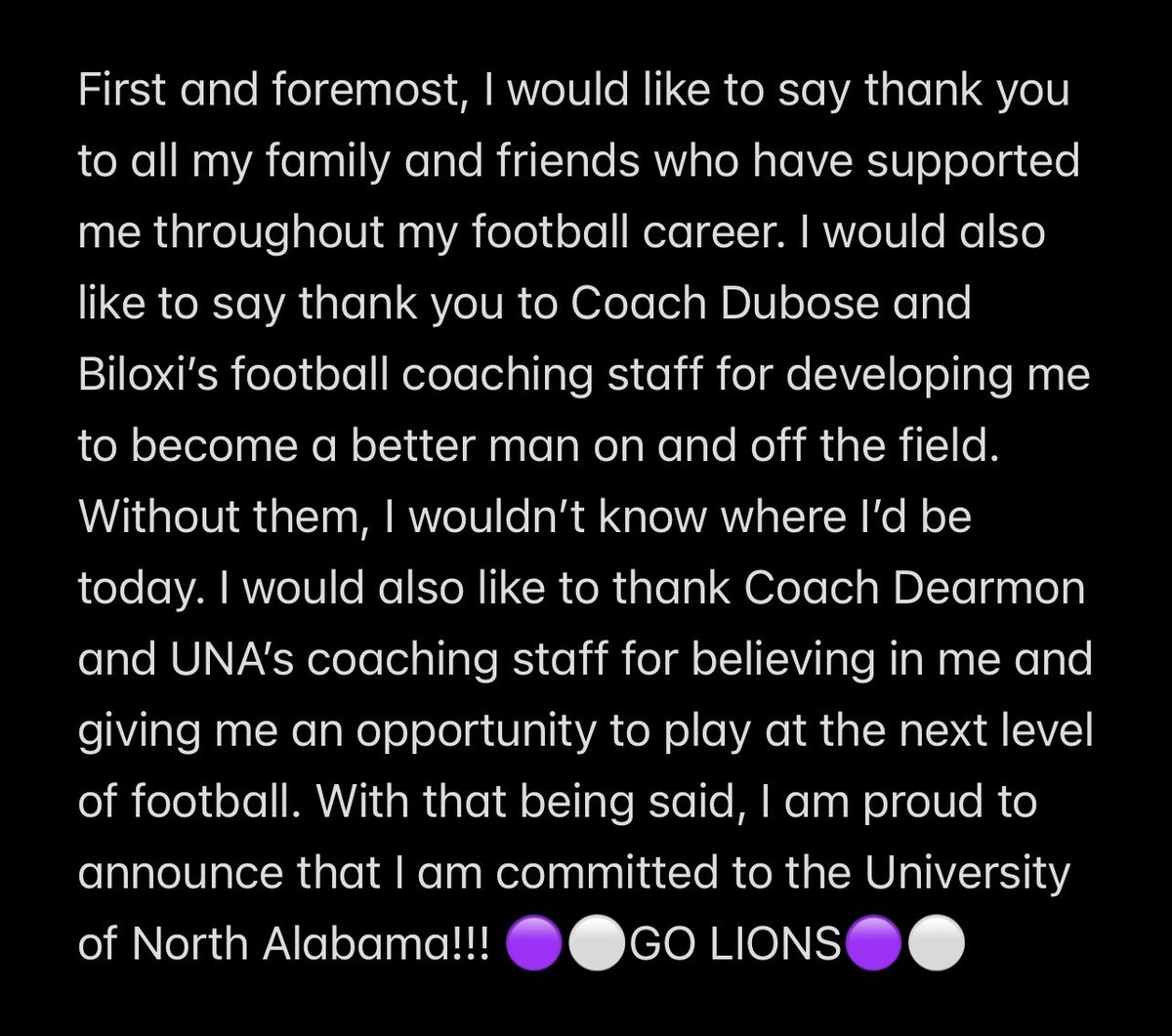 William Lai (@williamlai2026) on Twitter photo 1000% Committed🟣⚪️🟣 GO LIONS!!!
All Glory To the Man Above🙏🏽
<a href="/UNAFootball/">North Alabama Football</a> <a href="/UNAFBRecruiting/">UNA Football Recruiting</a> <a href="/BrentDearmon/">Brent Dearmon</a> <a href="/JameyDubose/">Jamey DuBose</a> <a href="/BiloxiFB/">Biloxi High Football</a> <a href="/CoachBo7/">Vincent “Bo Jac” Jackson</a> <a href="/Ben_HamnerUNA/">Ben Hamner</a> 1000% Committed🟣⚪️🟣 GO LIONS!!!
All Glory To the Man Above🙏🏽
<a href="/UNAFootball/">North Alabama Football</a> <a href="/UNAFBRecruiting/">UNA Football Recruiting</a> <a href="/BrentDearmon/">Brent Dearmon</a> <a href="/JameyDubose/">Jamey DuBose</a> <a href="/BiloxiFB/">Biloxi High Football</a> <a href="/CoachBo7/">Vincent “Bo Jac” Jackson</a> <a href="/Ben_HamnerUNA/">Ben Hamner</a>