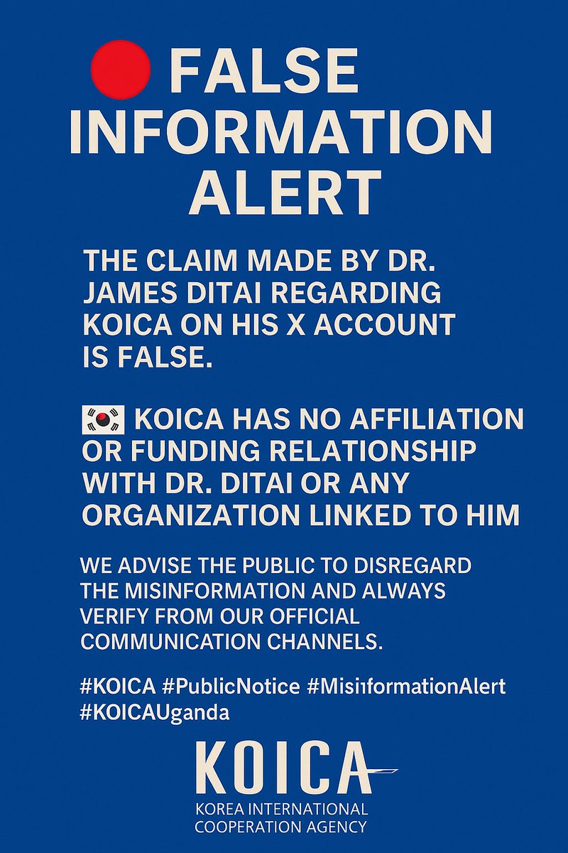 KOICA Uganda Office (@koicauganda) on Twitter photo KOICA Uganda would like to categorically state that we have no partnership with Sanyu Africa Research Institute (SAfRI), <a href="/SAfRIMbale/">Sanyu Africa Research Institute</a>, contrary to recent claims made on social media.
We urge the public to disregard this false information.
#PublicNotice #FakeNewsAlert KOICA Uganda would like to categorically state that we have no partnership with Sanyu Africa Research Institute (SAfRI), <a href="/SAfRIMbale/">Sanyu Africa Research Institute</a>, contrary to recent claims made on social media.
We urge the public to disregard this false information.
#PublicNotice #FakeNewsAlert