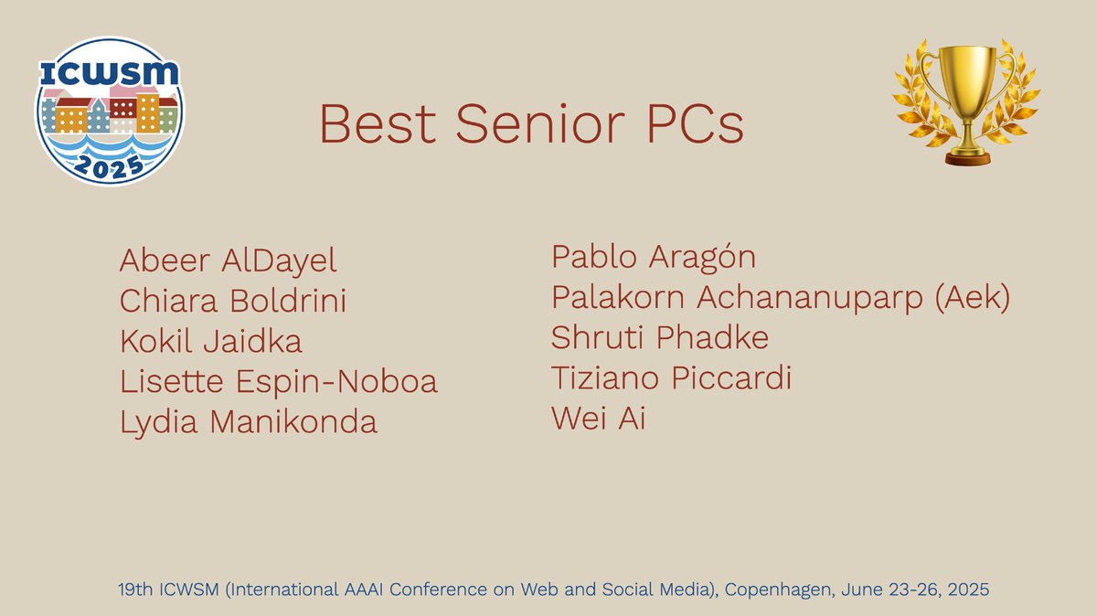 Congrats to the best SPCs and the best reviewers of this year! #icwsm