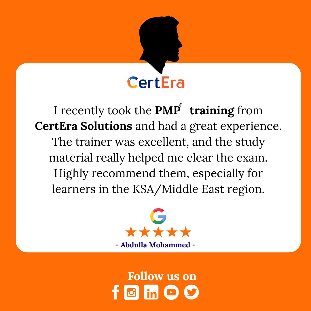 CerteraSolution's tweet photo. Abdulla aced his PMP® exam with CertEra Solutions!
💡 “Great trainer, helpful materials – highly recommend for KSA/Middle East learners.”
🌍 Join the success wave! #PMP #PMPCertification #CertEra #MiddleEast #OnlineTraining #CareerGrowth #ProjectManagement https://t.co/cqQJcWDyVh