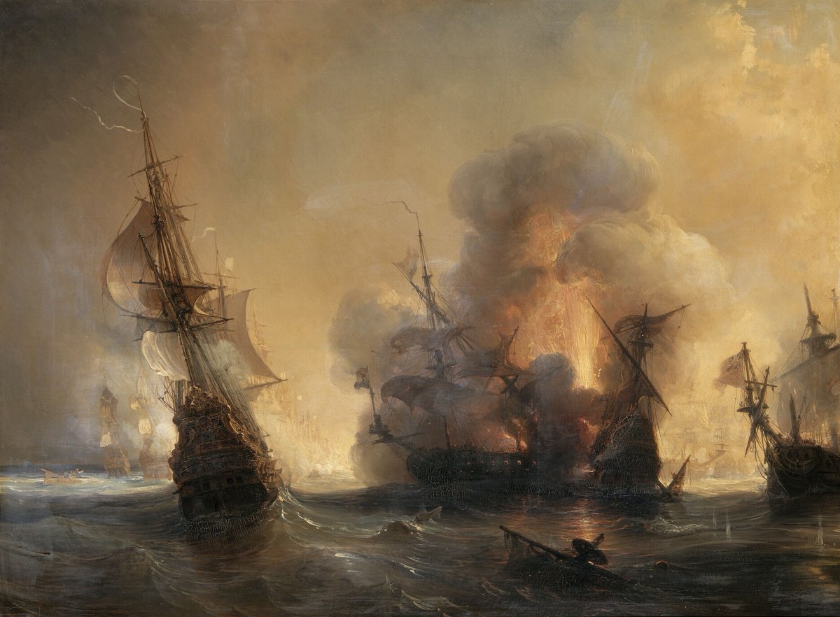 27 juin 1693 : bataille de Lagos. La flotte française commandée par le comte de Tourville attaque au sud des côtes portugaises l'important convoi de Smyrne. Une centaine de navires anglo-néerlandais richement chargés sont capturés ou incendiés. Peinture de Théodore Gudin.