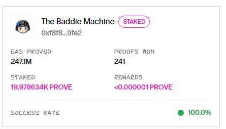 Received 199.3 testnet PROVE tokens in Stage 2.5

>> Staked 150 prove token to <a href="/advaith/"></a> prover

....... but wait a minute 

>> how do you stake to multiple provers on the The Greatest Testnet Ever ? 

<a href="/0xCRASHOUT/">crashout</a> <a href="/Hu14951738/">Tuong</a> <a href="/guy1_this/">This Guy</a>