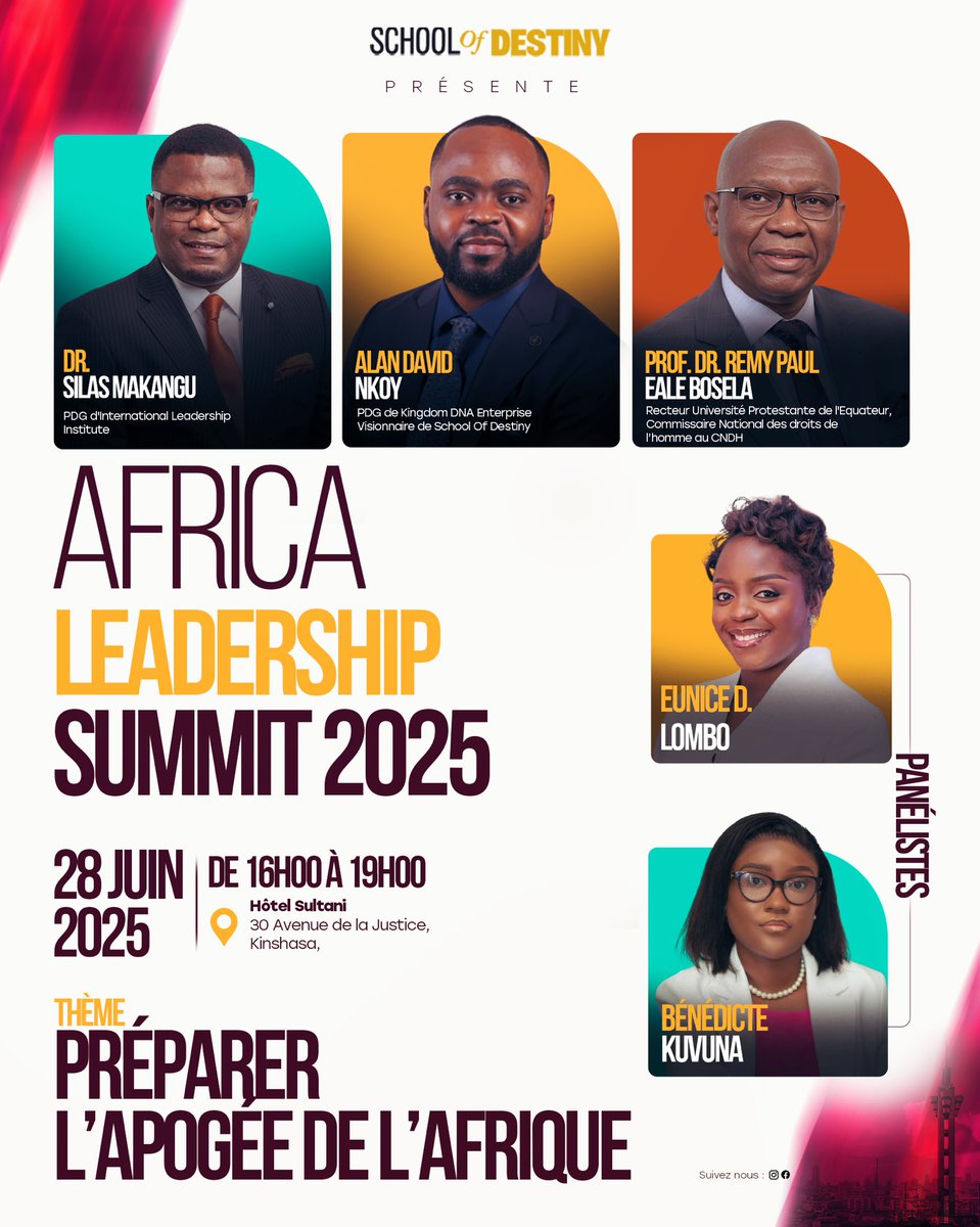 L’histoire sera dans la salle SUZANNE-MUK du SULTANI HOTEL, ce samedi 28 juin 2025 de 16h à 19h. 

Prenez votre place dans le décollage de l’AFRIQUE. 

Tous les détails dans les visuels. 

#ADN #SchoolOfDestiny #Afrique