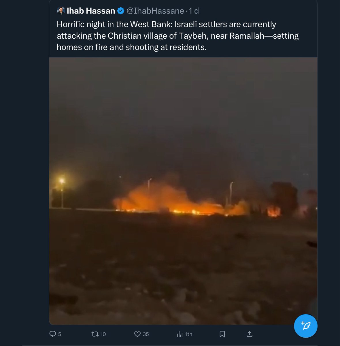 Bosättarvåldet är fullständigt oacceptabelt och bosättningspolitik är inte förenlig med demokrati, men…målet för attacken nedan var den östra utkanten av byn Taybeh (Taybeh är förmodligen den sista helkristna byn) där beduiner har byggt mujama’at (slagit läger) som kallas Dar