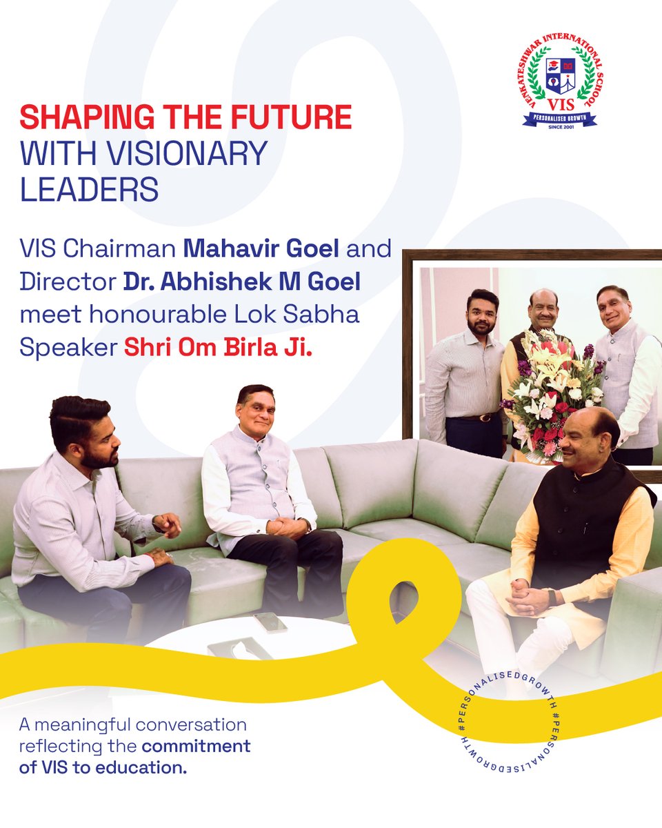 Today, VIS Chairman Mr. Mahavir Goel and Director Dr. Abhishek M Goel met honourable Shri Om Birla Ji, Speaker of the Lok Sabha, for a meaningful conversation on the future of education.

#VISLeadership #EducationForFuture #LearningWithPurpose #ShapingTomorrow #VisionInEducation