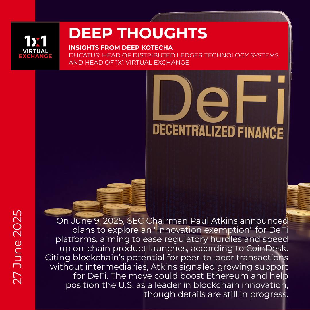 1x1virtualexch's tweet photo. Deep on DeFi in this week’s Deep Thoughts. What are your thoughts on this development? #DeFi #innovation #blockchain #Ducatus #1x1VirtualExchange #POV https://t.co/CuLscDWhkX