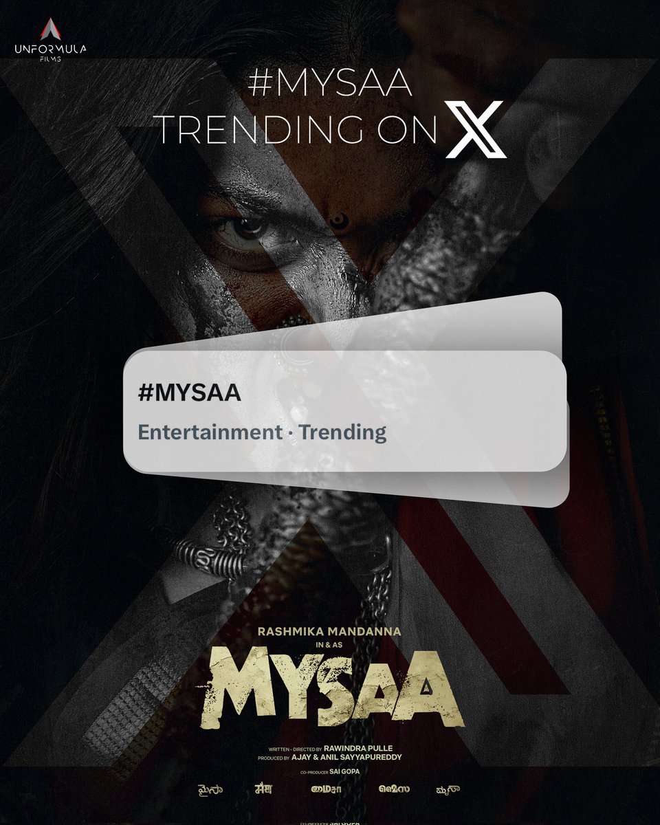 UnFormula Films (@unformulafilms) on Twitter photo #MYSAA takes over <a href="/X/">X</a> as it trends nationwide ❤️🔥📈
The fierce First Look & Title of <a href="/iamRashmika/">Rashmika Mandanna</a>’s PAN India film is making waves across the country 💥
This is just the beginning 🔥
<a href="/unformulafilms/">UnFormula Films</a> <a href="/RawindraPulle/">rawindra pulle</a> #RashmikaMandanna #MYSAA takes over <a href="/X/">X</a> as it trends nationwide ❤️🔥📈
The fierce First Look & Title of <a href="/iamRashmika/">Rashmika Mandanna</a>’s PAN India film is making waves across the country 💥
This is just the beginning 🔥
<a href="/unformulafilms/">UnFormula Films</a> <a href="/RawindraPulle/">rawindra pulle</a> #RashmikaMandanna