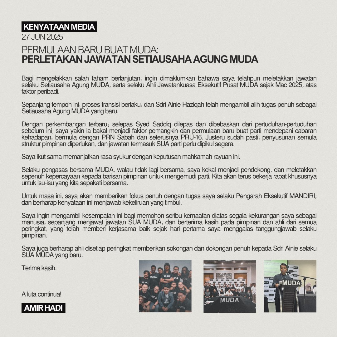 Kenyataan Media
27 Jun 2025

PERMULAAN BARU BUAT MUDA: PERLETAKAN JAWATAN SETIAUSAHA AGUNG MUDA