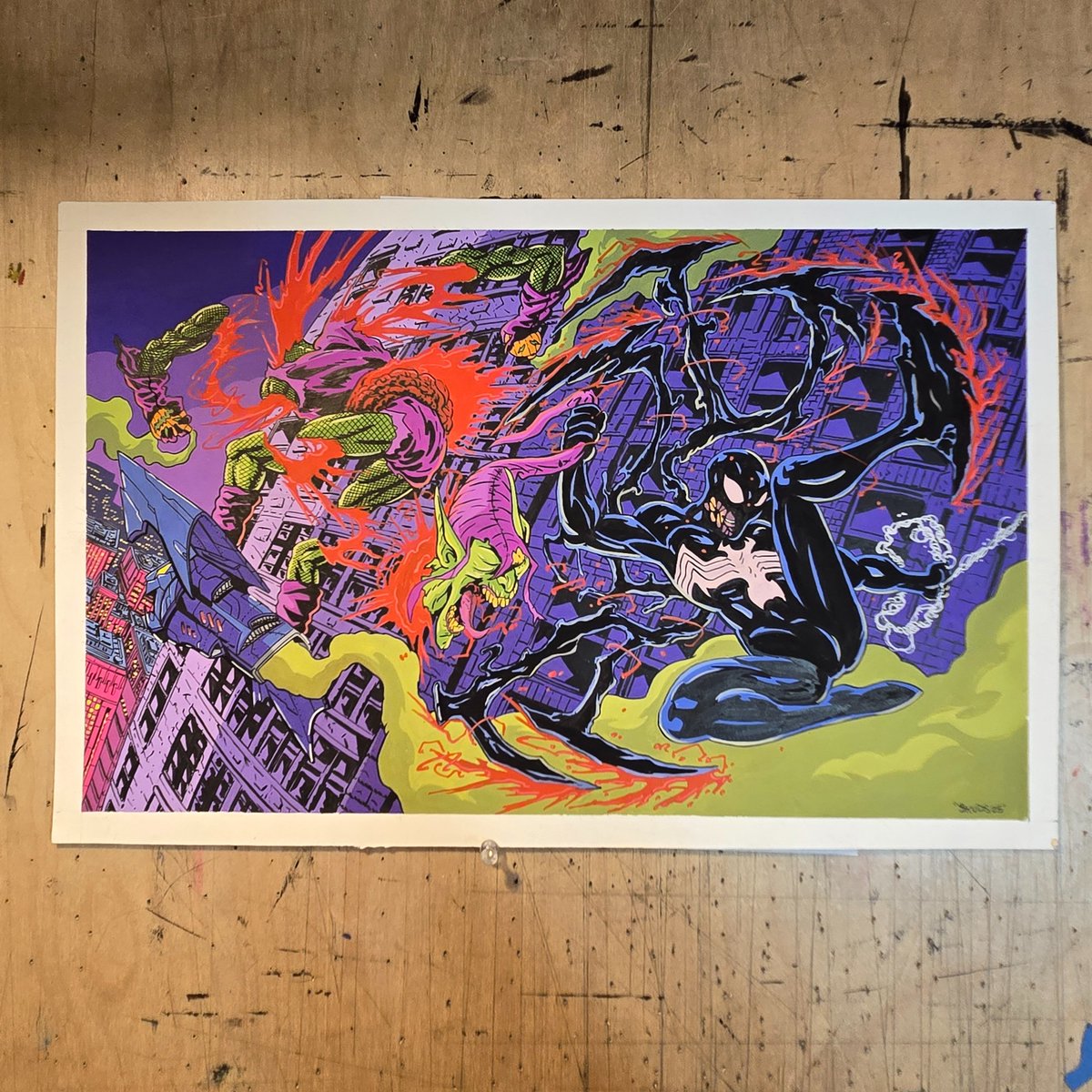 Spidey vs green goblin commission.  11 x 17.  Gouache and ink.  Still got some commission slots available!